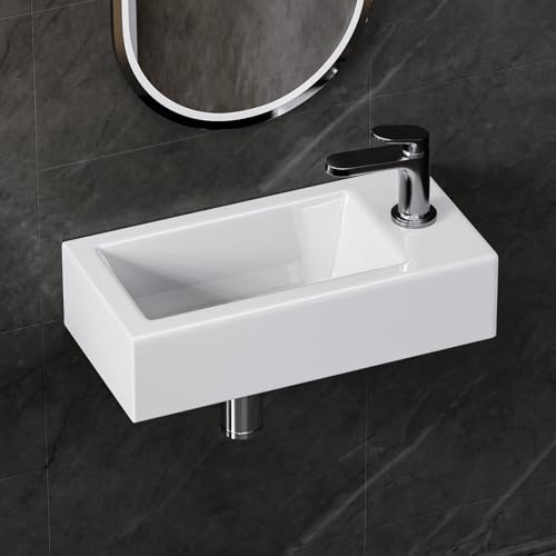 Yorbay Hängend Klein Keramik Waschbecken: Eckig Wandmontage Wandwaschbecken mit Rechtem Wasserhahnbohrung - Weiß Waschtisch für Badezimmer ohne Armatur