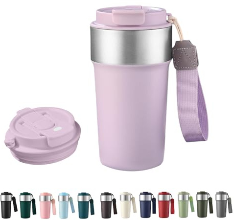 HHZalvyre Insulated Travel Mug 510ml, Leakproof Stainless Steel Thermal Coffee Cup with Carry Strap, 3 Drinking Modes, Keeps Hot/Cold for Hours, Car Office Commute Mug, Gift Idea (Light Purple)
