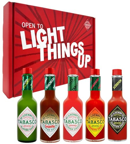 TABASCO® Chili Saucen (5 x 148 ml) - Scharfe Soßen Geschenkset mit 5 verschiedenen Geschmacksrichtungen – Original Red, Green Jalapeño, Chipotle, Habanero & Scorpion Saucen – 100% natürliche Zutaten