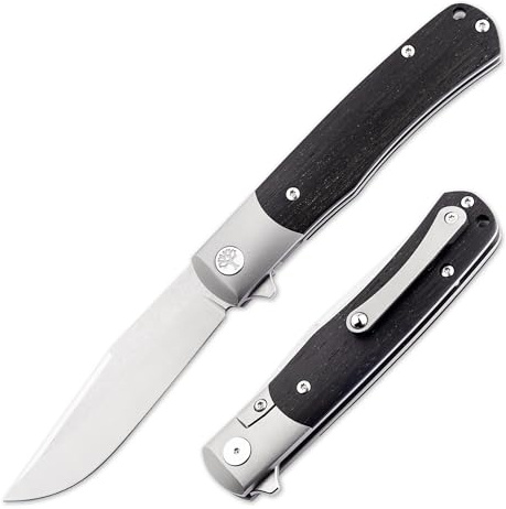 BÖKER GERMANY® TRPPR Mooreiche - Taschenmesser hochwertig mit Holzgriff - kugelgelagertes Einhand Klappmesser mit Flipper - handgemachtes Frame Lock Gentleman Knife mit Clip & Etui - Made in Germany