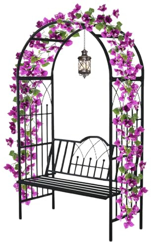 Arche de jardin noire avec banc en métal pour plantes grimpantes, décoration de pelouse extérieure, 114 x 210 x 50 cm, parfaite pour l'aménagement paysager et le soutien des plantes