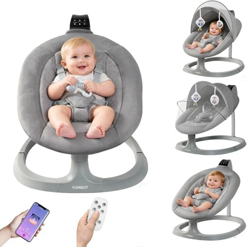 YUMBOT Elektrisk Babygunga,Babysitter för Barn upp till 12 kg med,mobil appkontroll och fjärrkontroll,3 Lutningslägen,Musik,Tyst Drift,5-punktsbälte & Tvättbart Överdrag,Ljusgrå