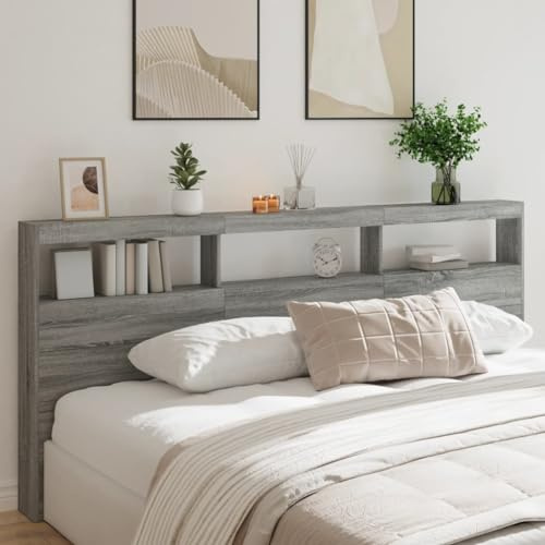 LoogCape LED-sänggavel med hylla, Sonoma grå, 220 x 17 x 102 cm, modern sängsängsängsängsängsänggavel, robust, med RGB-belysning, gott om förvaringsutrymme, för sovrum, trämaterial