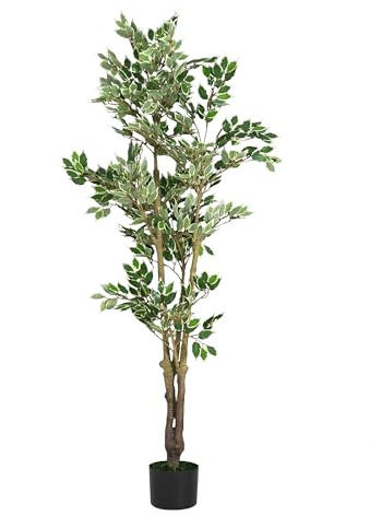 Artificial Ficus Tree with Black Plastic Pot, 69 Inch, Realistic Foliage