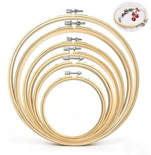 6 Größen Bambus Stickrahmen Set aus Holz | Verstellbare runde Stickrahmen klein bis groß für Kreuzstich DIY Nähen Handarbeit & Wanddeko Embroidery Hoop 8-21cm