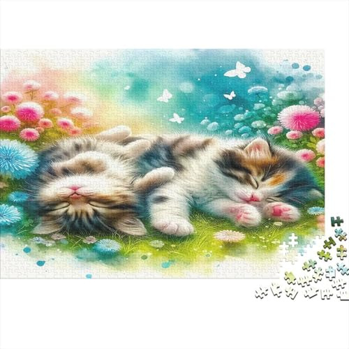 Casse-tête 1000 Pièces Deux Chaton et Buisson Fleuri, Carton Premium avec Lettres au Dos pour Adultes et Couples, Détente Digitale et Cadeau 52x38cm