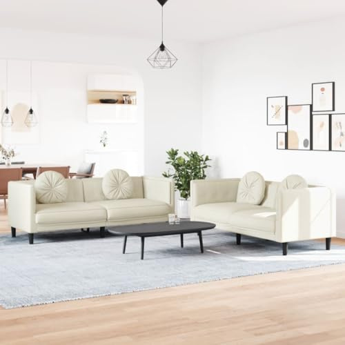 PUGYNBK 2-TLG. Sofagarnitur mit Kissen Creme Samt, Weiche Velours Polstergarnitur für Wohnzimmer, Bequemes Sitzmöbel mit Runden Zierkissen und Stabilen Stützbeinen