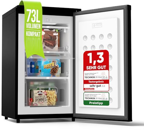 Stillstern Gefrierschrank C (73L) 4-Sterne-Gefrierfach -18°C ger. Energiever. Mini Freezer mit 3 Fächer, stufenlos reg. Temp., kleine Tiefkühltruhe, Türanschlag r./l. Tiefkühlschrank Klein Schwarz