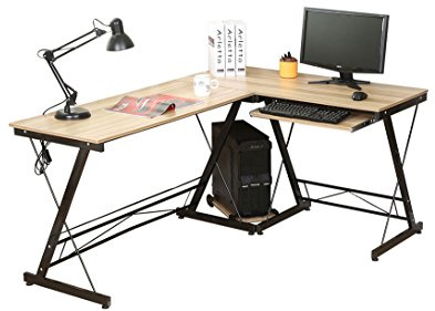 HLC Computer-Schreibtisch in L-Form, Eck-Schreibtisch, für das Büro und für zuhause, stabil, mit ausziehbarer Tastaturablage und mit Ablage für den Computer natur