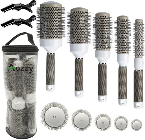 Aozzy Spazzola rotonda professionale per spazzolatura, 5 misure, cilindro in ceramica antistatica, spazzola per capelli per riscaldamento uniforme, capelli ricci, capelli lisci e acconciatura.