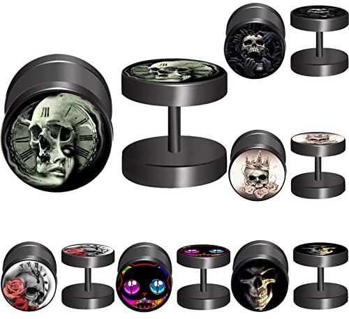 FLYUN 6Pairs Easter Skull Men's Earrings for Men Flat Back Faux Fake Gauges Earring 10MM Jewelry Studs with Screw Backs (Black)