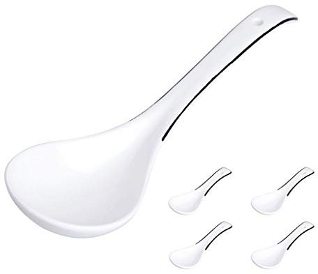 XXXXW Cucharón de Sopa Cerámica Blanca Salsa Cucharón Salsa Servir Cucharón, Porcelana Fina de 5 Piezas Cazo para Sopa Cazo de Cocina
