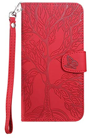 Norn for iPhone 12/12 Pro Phone Case,Tree of Life Embossed Folio Flip PU leather wallet case,with stand function,Magnetic Closure,shokproof Protective Cover Case with Card Slots,Red
