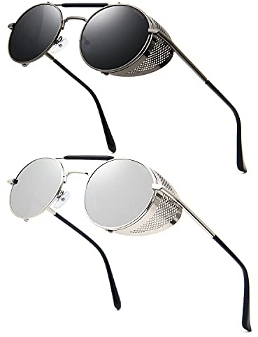 RONSOU Steampunk Stil Rund Vintage Polarisiert Sonnenbrillen Retro Brillen UV400 Schutz Metall Rahmen Grau & Grau Linse