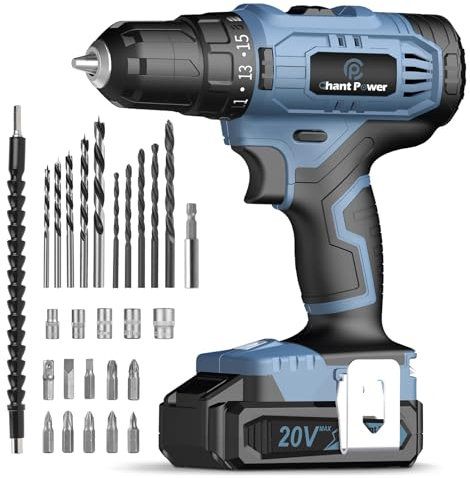 C P CHANTPOWER 20V Cordless Power Electric Drill Set with Battery and Charger, 16+1 Torque Setting, 2 Variable Speed, 10mm Keyless Chuck, Built-in LED