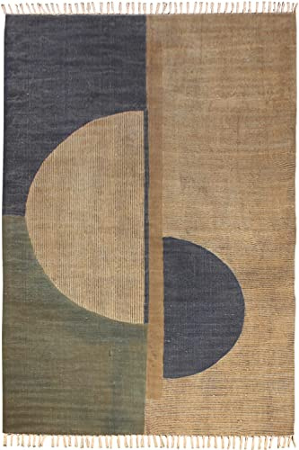 Indischer handgefertigter geometrischer Baumwoll-Dhurrie-Teppich, handblockbedruckt, flach, gewebt, böhmischer Kelim, Innenbereich, Zuhause/Büro, Dekoration 120 x 120 cm (4 x 4 Fuß im Quadrat)