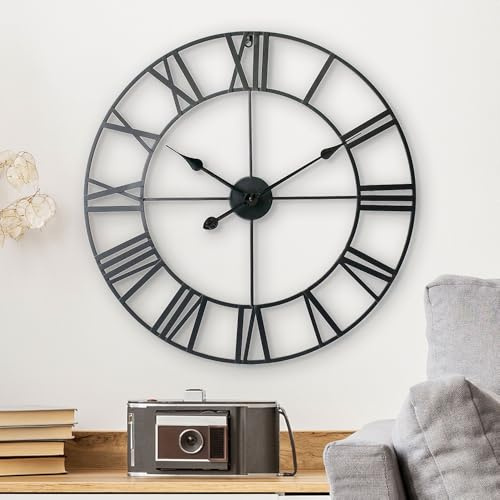 LW Collection Wanduhr Olivier Schwarz 40cm - Große Wanduhr mit römischen Ziffern - Moderne Industrielle Leises Wanduhr - Stille Uhr