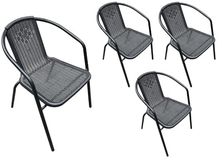 LC Garden Garvista 4er Stuhl Set Bistrostuhl Stapelstuhl, Gartenstuhl, Terassenstuhl, stapelbarer Armlehnstuhl mit Metallgestell in schwarz und Polyrattangeflecht