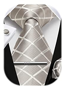HISDERN Herren Hochzeit Krawatten und Einstecktuch Krawatte Plaid Manschettenknöpfe-Krawattenklammer-Set