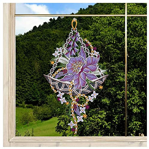 DSD Design-Studio Drechsler Gesticktes Blumen-Fensterbild Orchidee lila Fenster-Dekoration aus Plauener Spitze Blüte