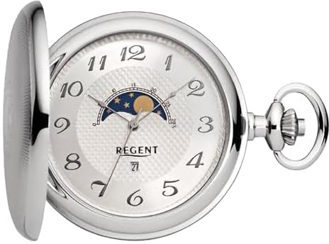 REGENT Herren Taschenuhr Savonnette Klappdeckel 50 MM Quarz Arabische Zahlen Datum Mondphase