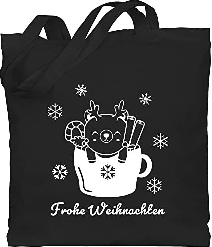 Baumwolltasche - Weihnachten Geschenke Christmas - Reh in Tasse mit Wunschtext - weiß - Unisize - Schwarz - weihnachts tasche weihnacht jutebeutel personalisierte jutetasche weihnachtliche