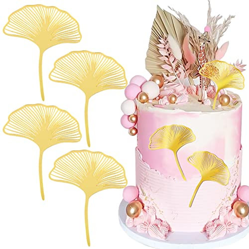 BETESSIN 4pcs Topper Cake Leaf Hoja Flor Palma, Decoración de Tarta en Diseño de Hoja Abanico Dorada, Cake Topper Decoración para Pastel Cumpleaños Boda Fiesta, Cartel Papel para Pastel, 15cm*8cm