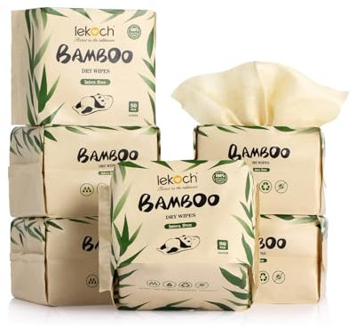 LEKOCH 300 unidades de Toallitas Secas de Bambú 100% Desechables para Piel Sensible de Bebés, Toallitas de Limpieza Facial Ultra Suaves 20 * 20cm/ud, Pack de 6