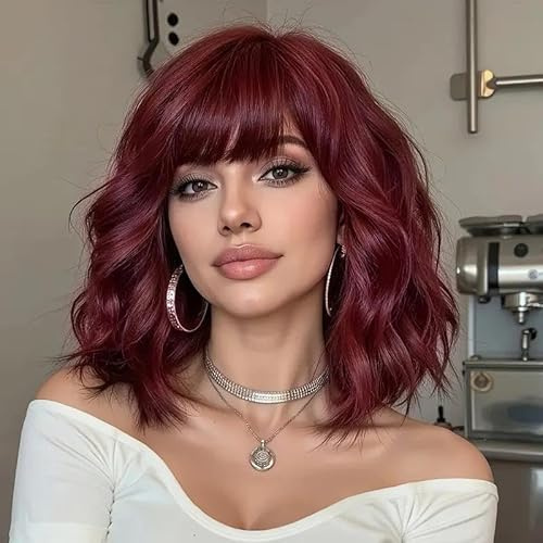 PORSMEER Perücke Damen Bob Schulter Länge Lockig Welle Wig mit Pony Natürliches Synthetische Haar Dark Red Wig, Anime Cosplay Halloween Wigs 14 Zoll (Weinrot)