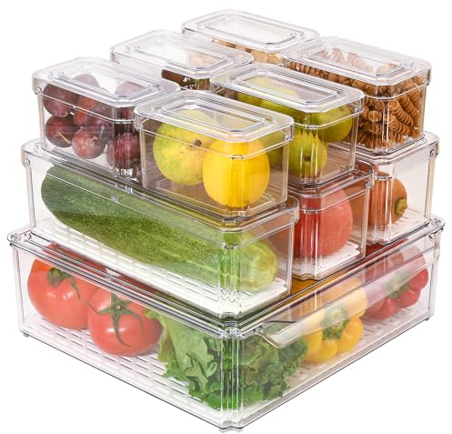 Cozihom Stackable Refrigerator Organizer Bins with Lids, Fridge Organization and Storage Clear Containers, BPA-Free Plastic Pantry Bins for Fruits, Vegetable, Food, Drinks, With Drain Tray, Set Of 7