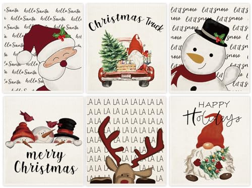 Whaline 6Pcs Christmas Swedish Dishcloths Snowman Santa Gnome Reindeer Truck Kitchen Dish Towels Reusable Washable Cotton Kitchen Towels for Xmas Cooking Wiping, 6.7 x 7.7 Inch