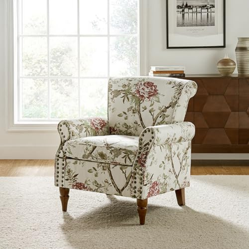 FABRICATION HAUS Modern Wingback Accent Chair with Wood Legs Removable Cushion Comfy Upholstered Armchair with Floral Pattern Single Sofa Chair for Living Room Bedroom, FLORAL