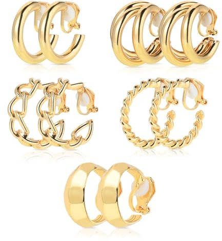 TIESOME Juego de 5 pares de pendientes de clip dorados, sin perforaciones, chapados en oro, con aro grueso dorado, con nudo torcido, pendientes falsos, joyería de moda, regalo hipoalergénico