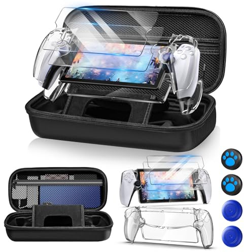 Auarte Funda 12 en 1 para PlayStation Portal, Accesorio de Viaje portátil para PS5 Portal Remote Player con Funda Transparente, 2 Protectores de Pantalla con 4 Asas para los Pulgares, Negro carbón,