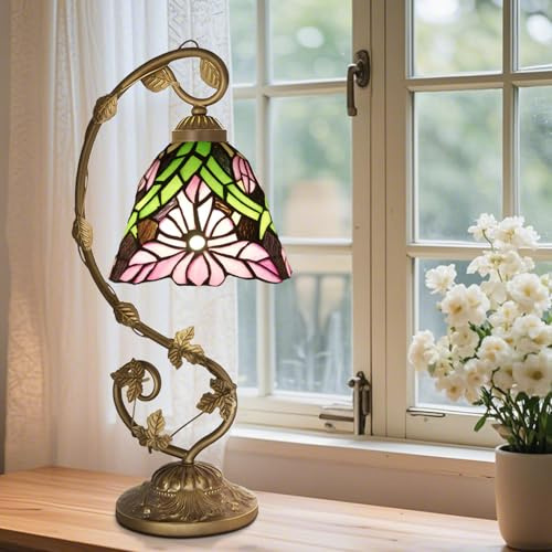 Ppbmocw Tiffany Style Table Lamp, 8 Inch Stained Glass Lamp for Living Room, Bedside, Reading Included 3 Color Temperatures E27 Bulb (Pink Chrysanthemum)