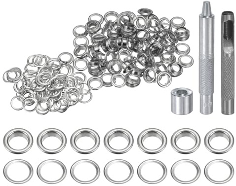 QUARKZMAN Grommet Werkzeug Kit, 100 Pcs 8mm Ösen mit 2 Ösenzange & 1 Scheiben Set, Metallösen Kupfer Tülle Stanzwerkzeug für Stoff Planen Leder Gewebe Vorhang Poolabdeckung, Silber
