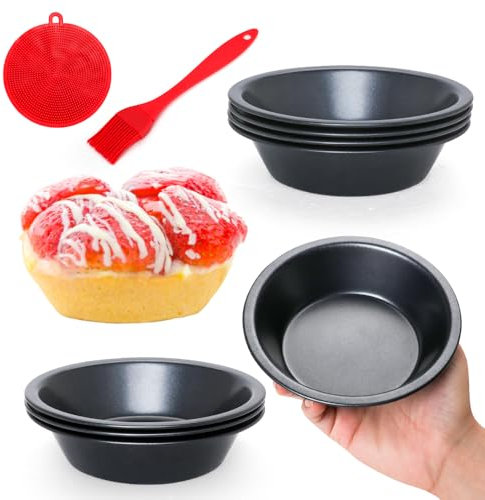 Quyimy 8 Pack Individual Pie Dishes Tart Tins, 12 cm Round Pie Tins Quiche Tin Non Stick Carbon Steel Baking Quiche Dish Pie Dishes for Oven with Oil Brush&Silicone Scrubber