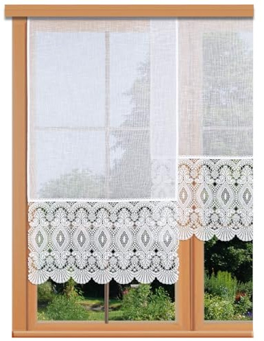 Flächenvorhang Chrissi Vogtländische Spitze weiß | Landhaus-Flächengardine Käseleinenoptik | Schiebepaneele mit moderner Stickerei-Fächerspitze handgefertigt | Schiebegardine HxB 125 x 55 cm