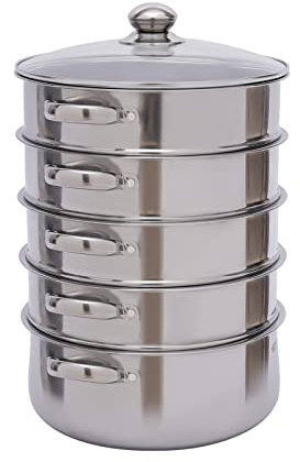 Vaporera de 5 niveles, olla a presión, acero inoxidable, conductora rápida para todo tipo de fuegos, exprimidor de vapor de gran volumen, cesta térmica (28 cm)