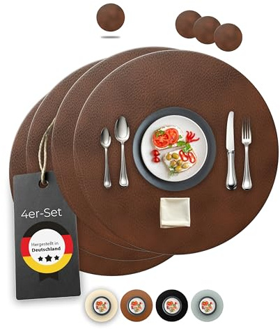 Lederfabrik Garnier® Tischsets Abwaschbar 4er-Set – Nachhaltig, Stabil & rutschfest – Edles recyceltes Leder, Made in Germany (Rund, Dunkelbraun)