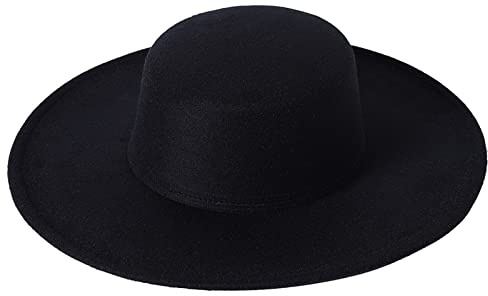 Qianderer Modischer Filzhut mit breiter Krempe, flache Oberseite, Kirche, Derby-Kappe für Herren und Damen, Schwarz, 56 - 58 cm, Schwarz , Einheitsgröße