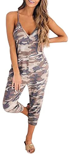 Einteiliger Jumpsuit für Damen, lässiger Strampler, Hose, Camouflage-Druck, Straps-V-Ausschnitt, Overall, Maler-Overall für Damen, camouflage, XXL