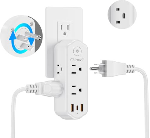Outlet Extender Surge Protector, 360° Rotating Plug Power Strip with 6 AC Outlets, 3-Sided Space Saving Design, 3 Ports (2 USB-A + 1 USB-C) Multi Plug Expander On/Off Switch for Home, Office, Travel
