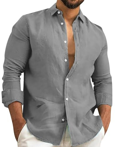 VaiKanhai Modisches, lässiges, bequemes, trendiges und einfach zu tragendes, einfarbiges, mehrfarbiges Langarmhemd aus Baumwollleinen für Herren Anzug Hemden Herren (Dark Gray, XXL)