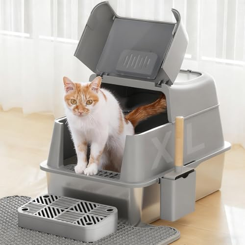 Rywell Stainless Steel Cat Litter Tray with Lid, Covered Extra Large Cat Litter Box, Metal Litter Boxes with Lid, Litter Scoop, Filter Pedal&Litter Mat, Anti-Leakage, Non-Stick, Easy to Clean | Metal kitty pan, high-sided anti-splash, odor control, for large & multi-cat households