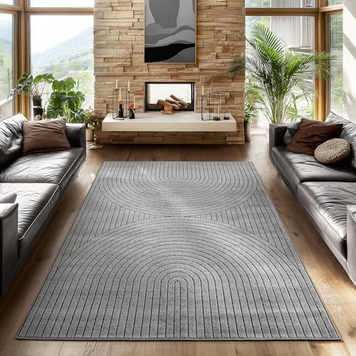 SIMPEX Kurzflor Teppich 240x340 cm XL Grau Wohnzimmer, Schlafzimmer, Küche, 3D Hoch-Tief-Effekt, Skandinavisch Boho Motiv, für Outdoor Bereich geeignet Terrassen oder im Balkon