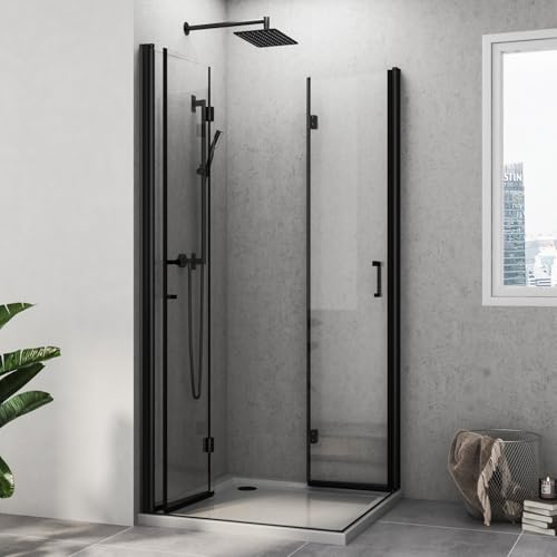 Duschkabine 90x90, Schwarz Falttür Eckeinstieg Duschwand 180º Falttürkabine klappbar Dusche Duschtür Duschabtrennung 6mm Nano Beschichtung ESG Glas 195cm