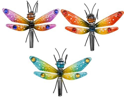 MrMrKura Lot de 3 décorations en Forme de Papillon pour Pots de Fleurs, décorations colorées en métal à Suspendre pour Jardin, Cour, clôture, décoration extérieure (Libellule)