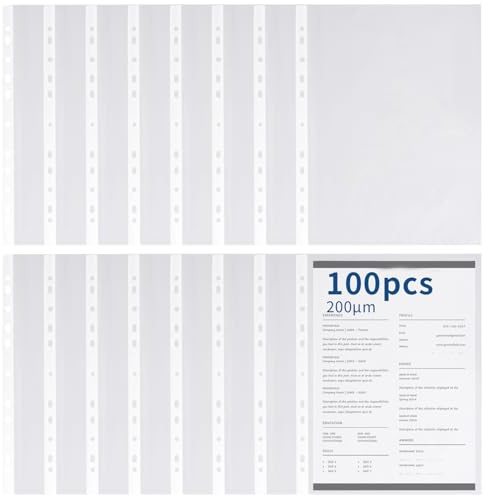 Klarsichthüllen, A4, A4, transparente Kunststoffhüllen, oben offen, 11 Löcher, Blattschoner für 2/3/4-Ringbuch zum Abheften von Ordnern, Hüllen, Dokumenten (100 Stück, 10 C (0,2 mm)