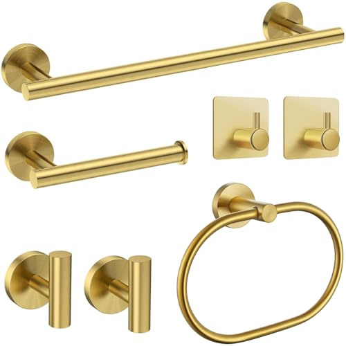 7-Piece Bathroom Accessories Set, Gold Towel Rail Bathroom Hardware Set, SUS304 Stainless Steel Bathroom Accessory Includes Gold Towel Rail, Toilet Roll Holder, Towel Ring, and Wall Hooks